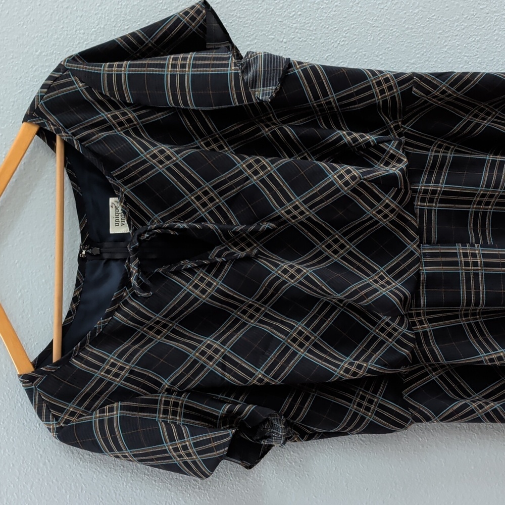 Unique Vintage Keyhole Front Tie Blue Plaid Midi Dress - Picture 2 of 7